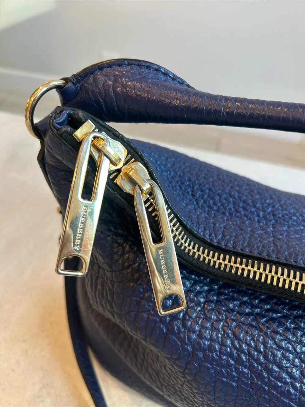 Burberry Cobalt Blue Pebbled Leather Shoulder Bag with Gold Hardware
